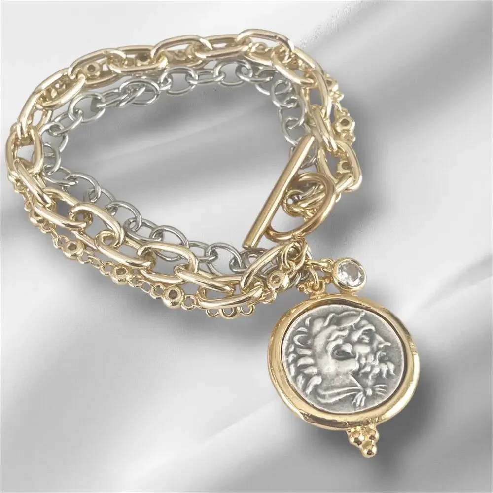 Triple Layer Greek Coin Bracelet, Horse Coin Charm, Mixed Metal Bracelet - Picture 9 of 9